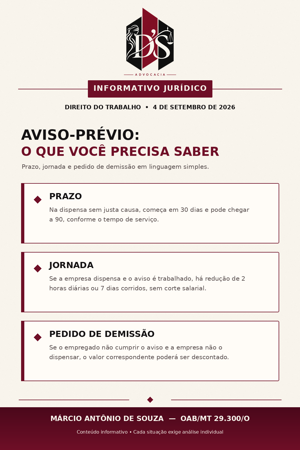 Informativo de Direito do Trabalho da D’SOUZA ADVOCACIA sobre prazo, jornada e pedido de demissão no aviso-prévio